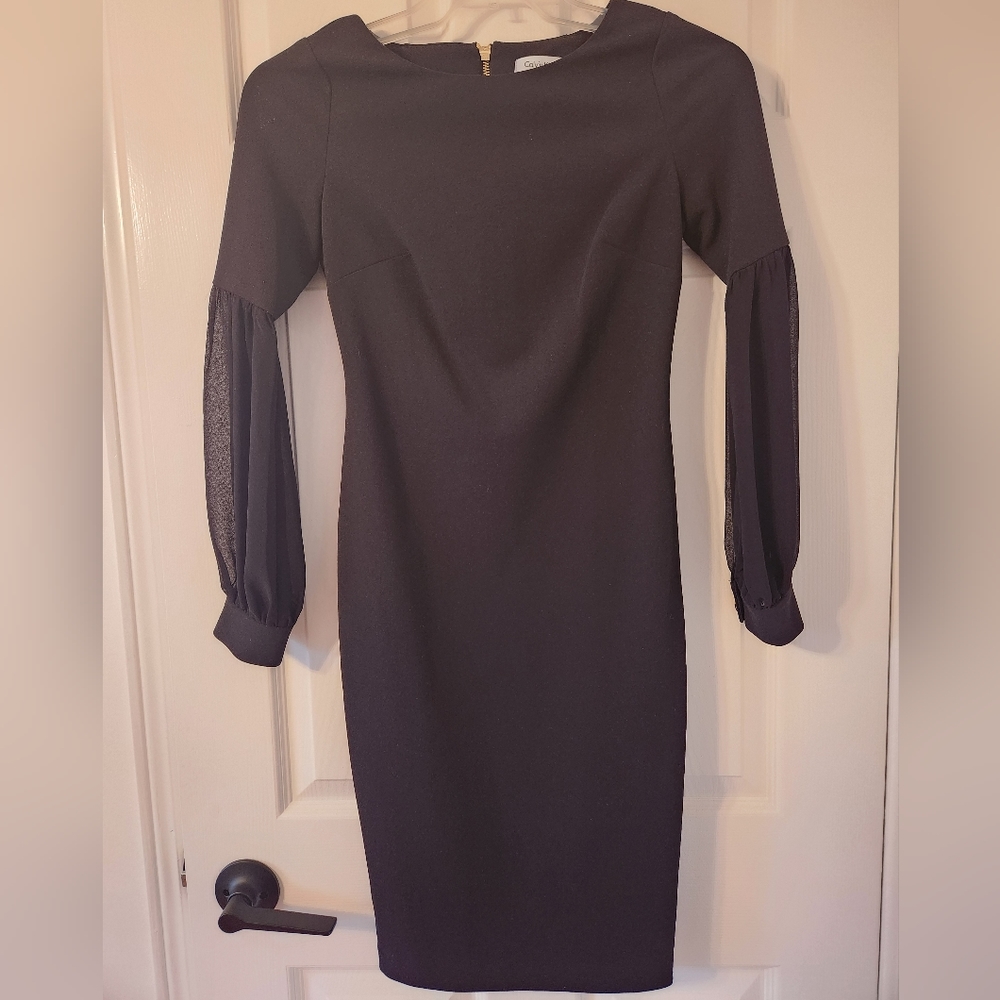 Calvin Klein Black Cocktail Dress Chiffon Sleeves Size 2 Gold Hardware